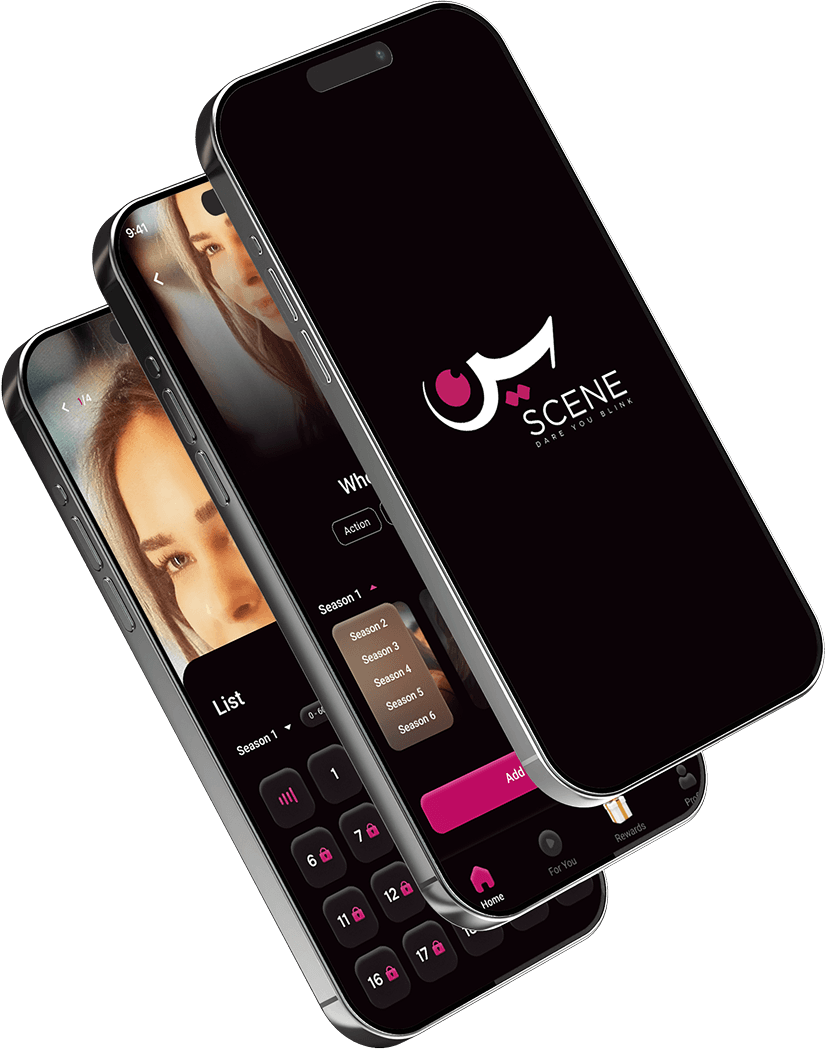 Three phones stacked with Scene app open